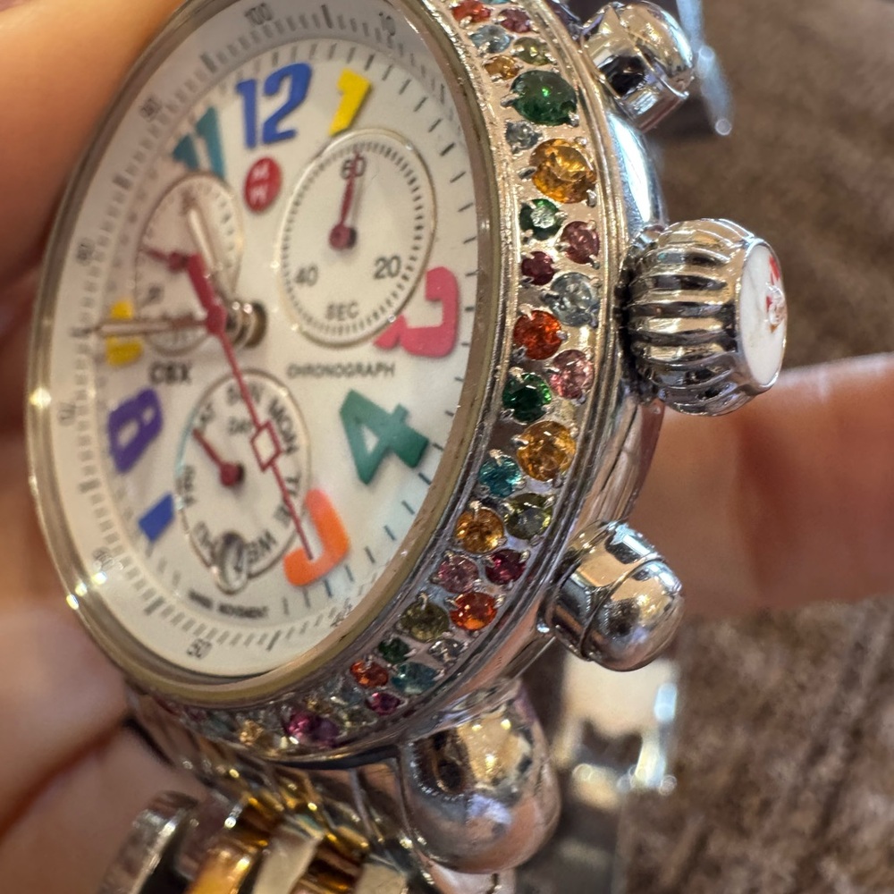Michele CSX Chronograph Watch Multicolor Gemstone Bezel 1.50 CT Swiss Two-Tone - Picture 5 of 16